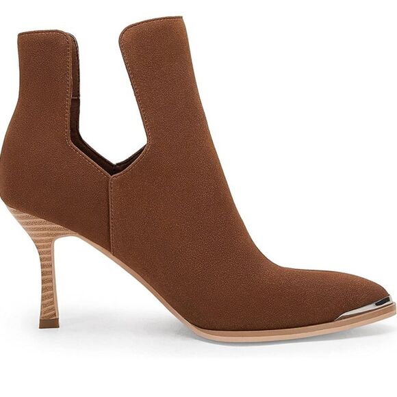 Laicigo Pointed Mirror Toe Cutout Slip on Faux Leather Heeled Ankle Booties - Picture 1 of 12